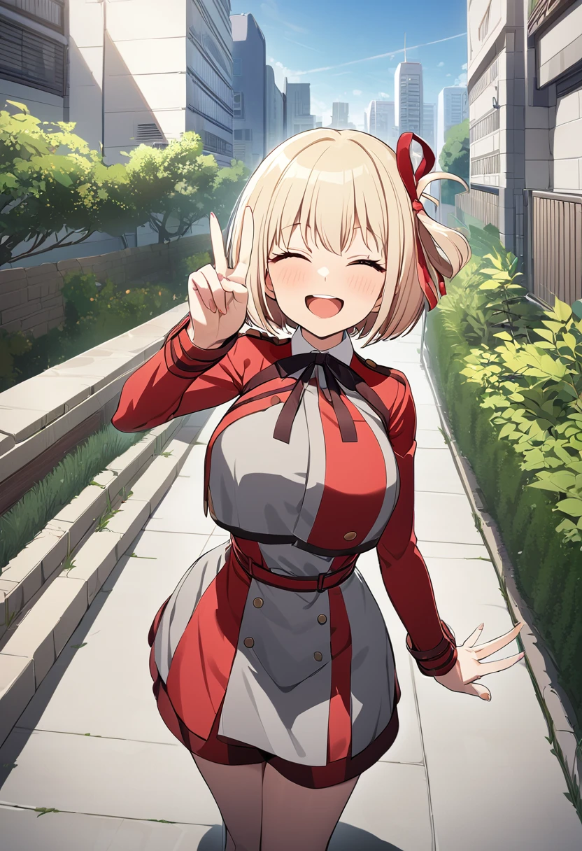 masterpiece, Highest quality, One girl, game cg  nishikigi chisato, Bobcut, Hair Ribbon, Licorice Uniform, Two-tone dress, Red dress, Grey Dress, Neck ribbon, Long sleeve, Large Breasts, garden, null, Cityscape, Wink, Are standing, Finger V, Open your mouth, Happy, smile