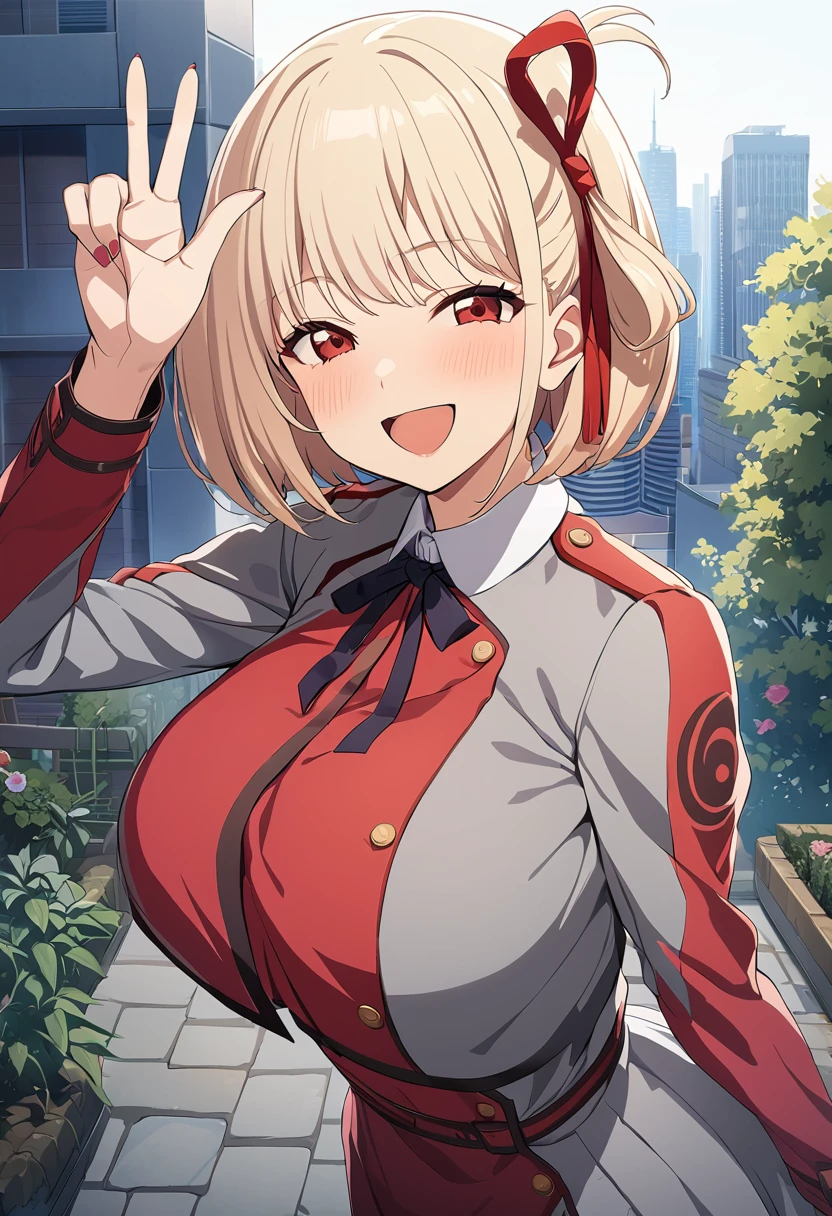 masterpiece, Highest quality, One girl, game cg  nishikigi chisato, Bobcut, Hair Ribbon, Licorice Uniform, Two-tone dress, Red dress, Grey Dress, Neck ribbon, Long sleeve, Large Breasts, garden, null, Cityscape, Wink, Are standing, Finger V, Open your mouth, Happy, smile