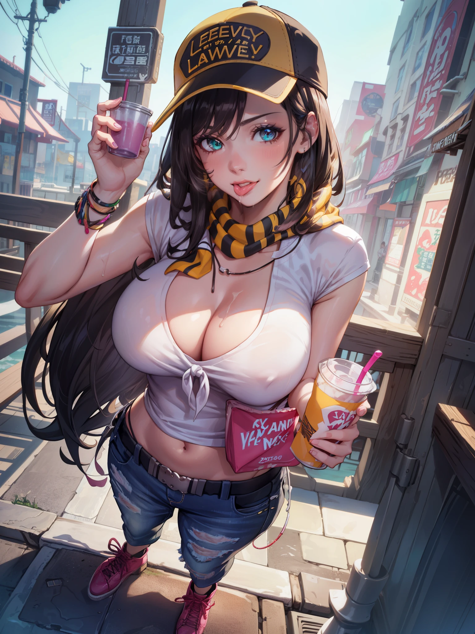 blush, glowing aura, natural light, masterpiece, glossy skin, juicy lips , ,sexy, hot, , evil,juicy lips, bimbo, hour glass, wide eyes, green eyes, massive , dark lighting, pink bow, platform shoes, bimbo, cute, evil smile, no hair on forehead, no fringe, juicy lips, red shirt, fast food worker, name tag, hat, scarf tie, yellow scarf tie, holding food and drink, holding tray of food, black striped jeans, ((licking own lips naughty face))