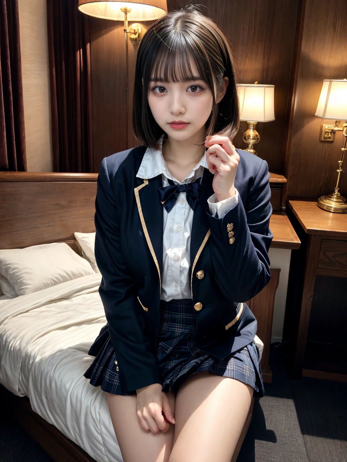 (8K, RAW Photos, Highest quality, masterpiece:1.2), masterpiece, super detailed, super high quality, (Realistic and photorealistic photography:1. 37), High-resolution RAW color photos, Very delicate and beautiful, highly detailed, 8k wallpaper, wonderful, detailed, Very eye, very detailed, very detailed skin, very thin fingers, very detailed nose, very detailed mouth, Perfect Anatomy, BREAK, (2 girls, japanesgirls:1.2), Colossal tits, (short bob hair:1.1), black hair color, huge breasts, very huge round breasts, Beautiful makeup, glitter makeup, Big Natural Color Lip, perfect body shape, crying a little, beautiful legs, beautiful legs, Voluptuous thighs, BREAK, High school girl uniform, blazer, Super Short Check Uniform Skirt, Navy blue high socks, BREAK, The background is a luxury hotel room