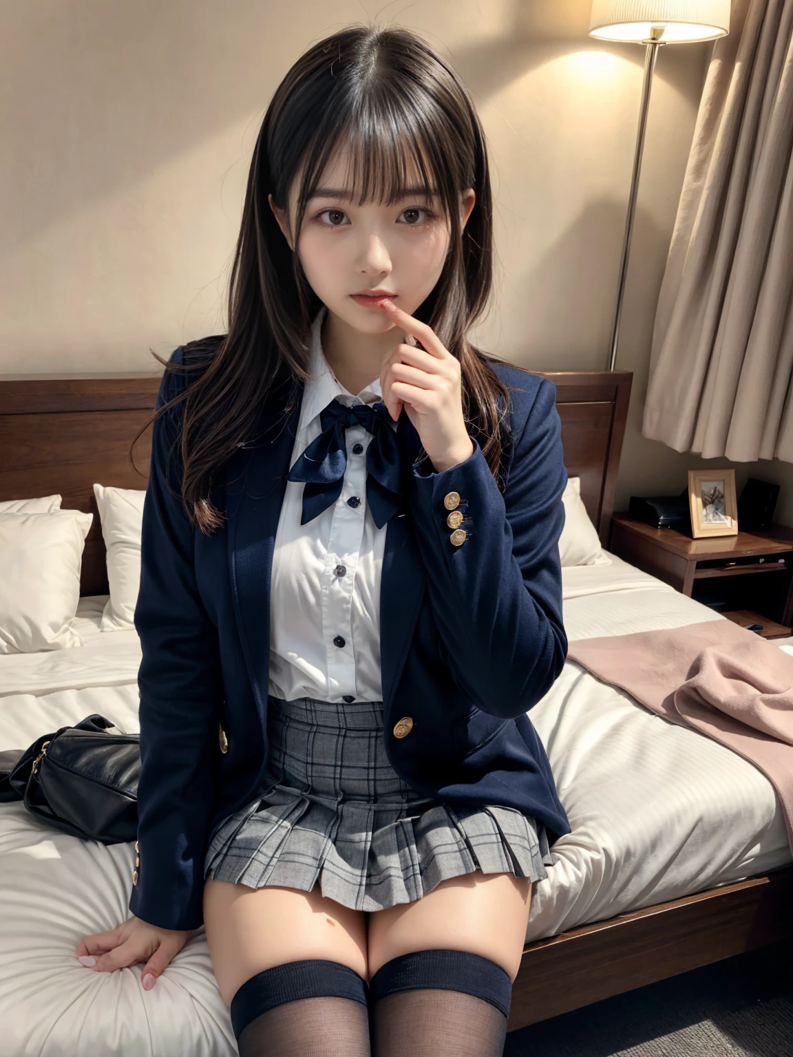 (8K, RAW Photos, Highest quality, masterpiece:1.2), masterpiece, super detailed, super high quality, (Realistic and photorealistic photography:1. 37), High-resolution RAW color photos, Very delicate and beautiful, highly detailed, 8k wallpaper, wonderful, detailed, Very eye, very detailed, very detailed skin, very thin fingers, very detailed nose, very detailed mouth, Perfect Anatomy, BREAK, (2 girls, japanesgirls:1.2), Colossal tits, (short bob hair:1.1), black hair color, huge breasts, very huge round breasts, Beautiful makeup, glitter makeup, Big Natural Color Lip, perfect body shape, crying a little, beautiful legs, beautiful legs, Voluptuous thighs, BREAK, High school girl uniform, blazer, Super Short Check Uniform Skirt, Navy blue high socks, BREAK, The background is a luxury hotel room