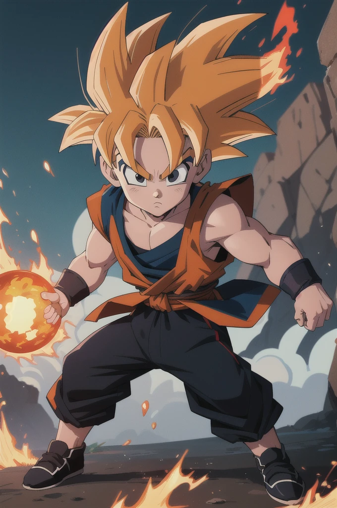 Manga style, illustration, line art style, high quality, manga masterpiece, highres, very detailed, digital illustration, small Goku, Dragonball, black hair, spiked hair, real goku clothes orange color, black belt and black shoes, fire ball, dougi, solo male , outdoors,fighting,