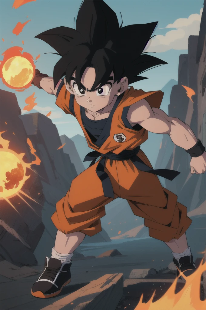 Manga style, illustration, line art style, high quality, manga masterpiece, highres, very detailed, digital illustration, small ??? Goku, Dragonball, black hair, spiked hair, real goku clothes orange color, black belt and black shoes, fire ball, dougi, solo male , outdoors,fighting,