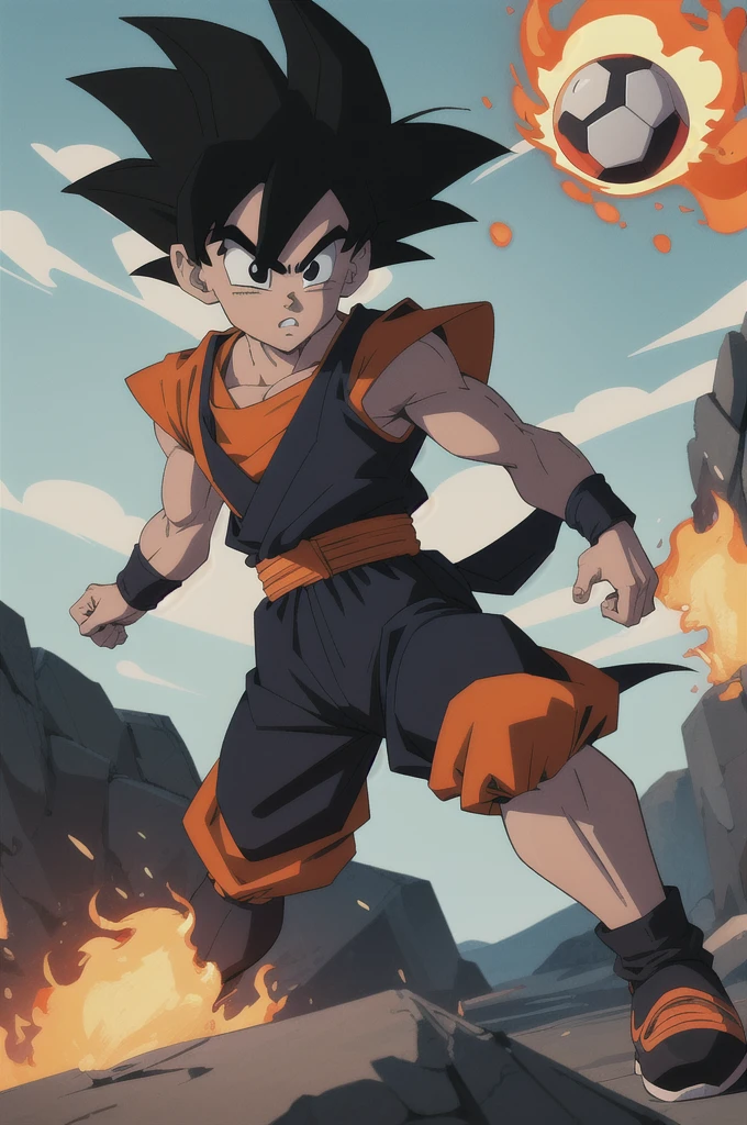 Manga style, illustration, line art style, high quality, manga masterpiece, highres, very detailed, digital illustration, small Kid Goku, Dragonball, black hair, spiked hair, real goku clothes orange color, black belt and black shoes, fire ball, dougi, solo male , outdoors,fighting,