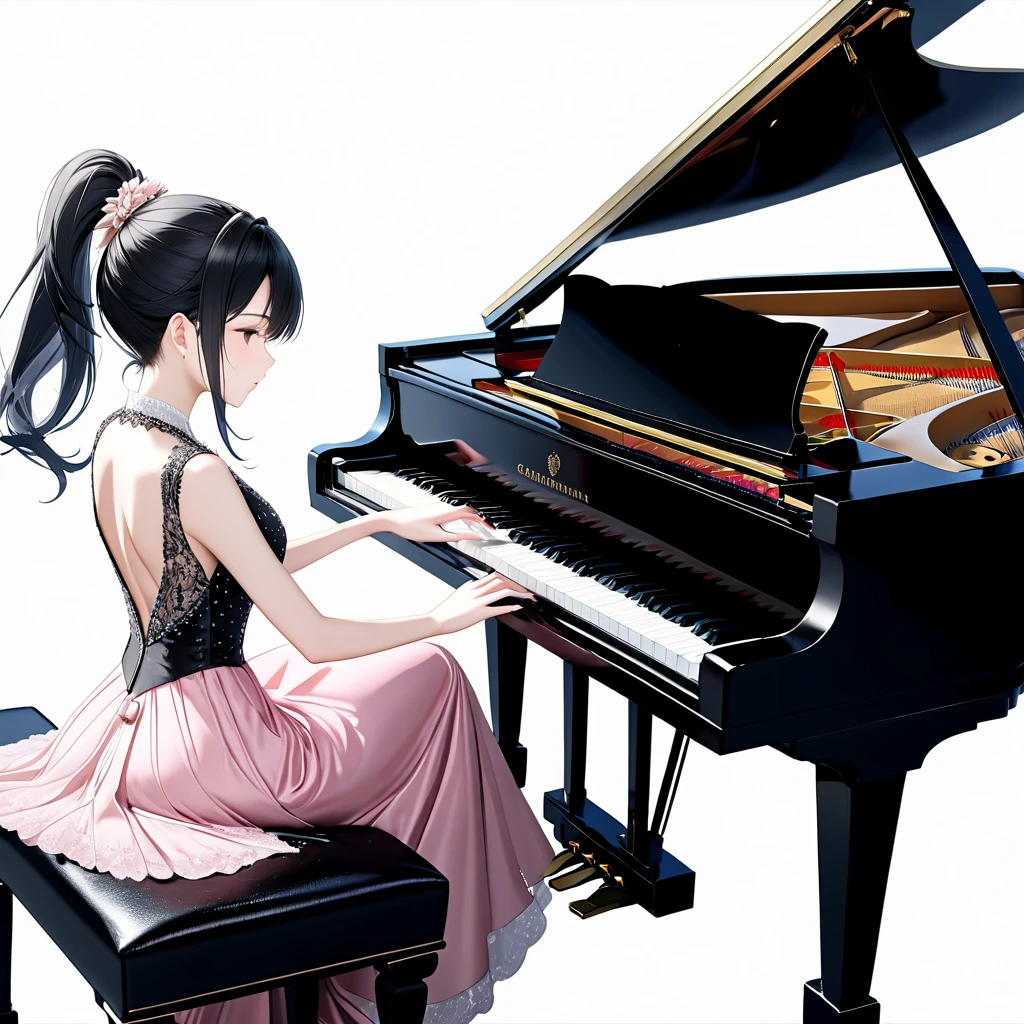 (((White background:1.5)))、(very wide shot)、(masterpiece、Ultra HD、Highest quality、Masterpiece、４K:1.2)、Slender body、Elegant pianist playing the piano、  Intricate details, Highly detailed fingers、Black hair ponytail、Pale pink elegant dress, Intricate details、close eyes、Dynamic Posh、Dynamic
