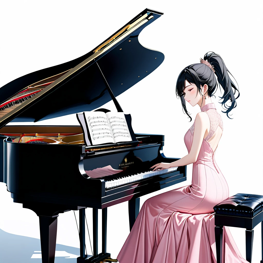 (((White background:1.5)))、(very wide shot)、(masterpiece、Ultra HD、Highest quality、Masterpiece、4K:1.2)、Slender body、Elegant pianist playing the piano、 Intricate details, Highly detailed fingers、Black hair ponytail、Pale pink elegant dress, Intricate details、close eyes、Dynamic Posh、Dynamic