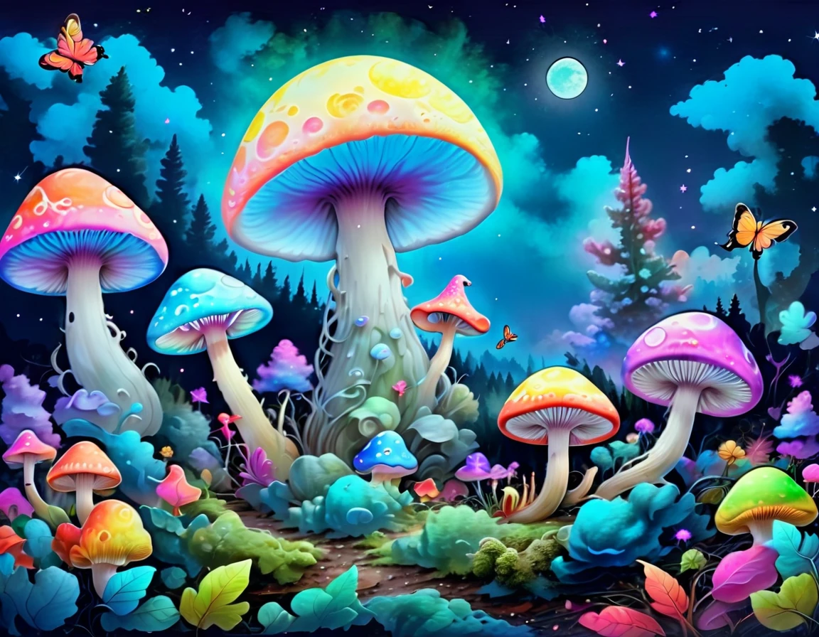 Psychedelic colorful mushroom forest surreal forest full moon night，A round moon on a blue sky background，Forest plants and tall colorful mushrooms with a snail on top，There are also colorful butterflies of all sizes scattered throughout the picture.