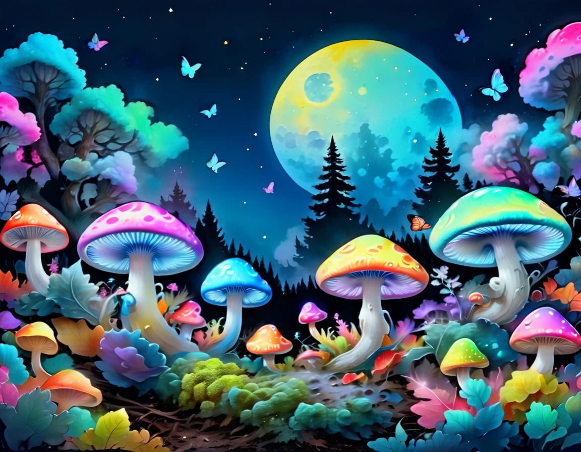 Psychedelic colorful mushroom forest surreal forest full moon night,A round moon on a blue sky background,Forest plants and tall colorful mushrooms with a snail on top,There are also colorful butterflies of all sizes scattered throughout the picture.