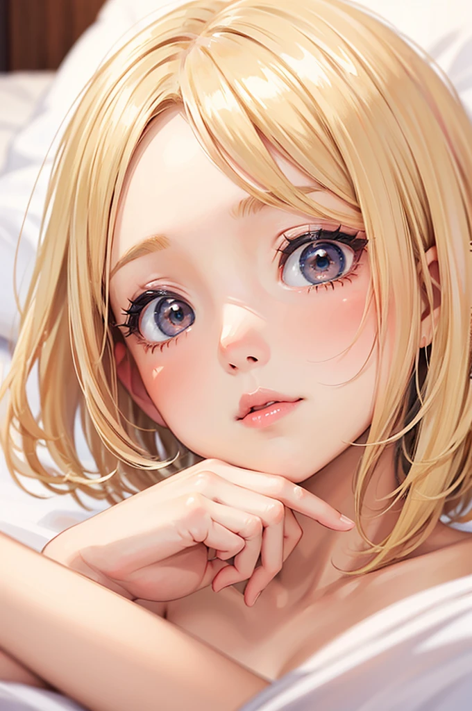 blonde, short hair, girl1, sleep in bed, close up of face, completely nude, kawaii, cute,
