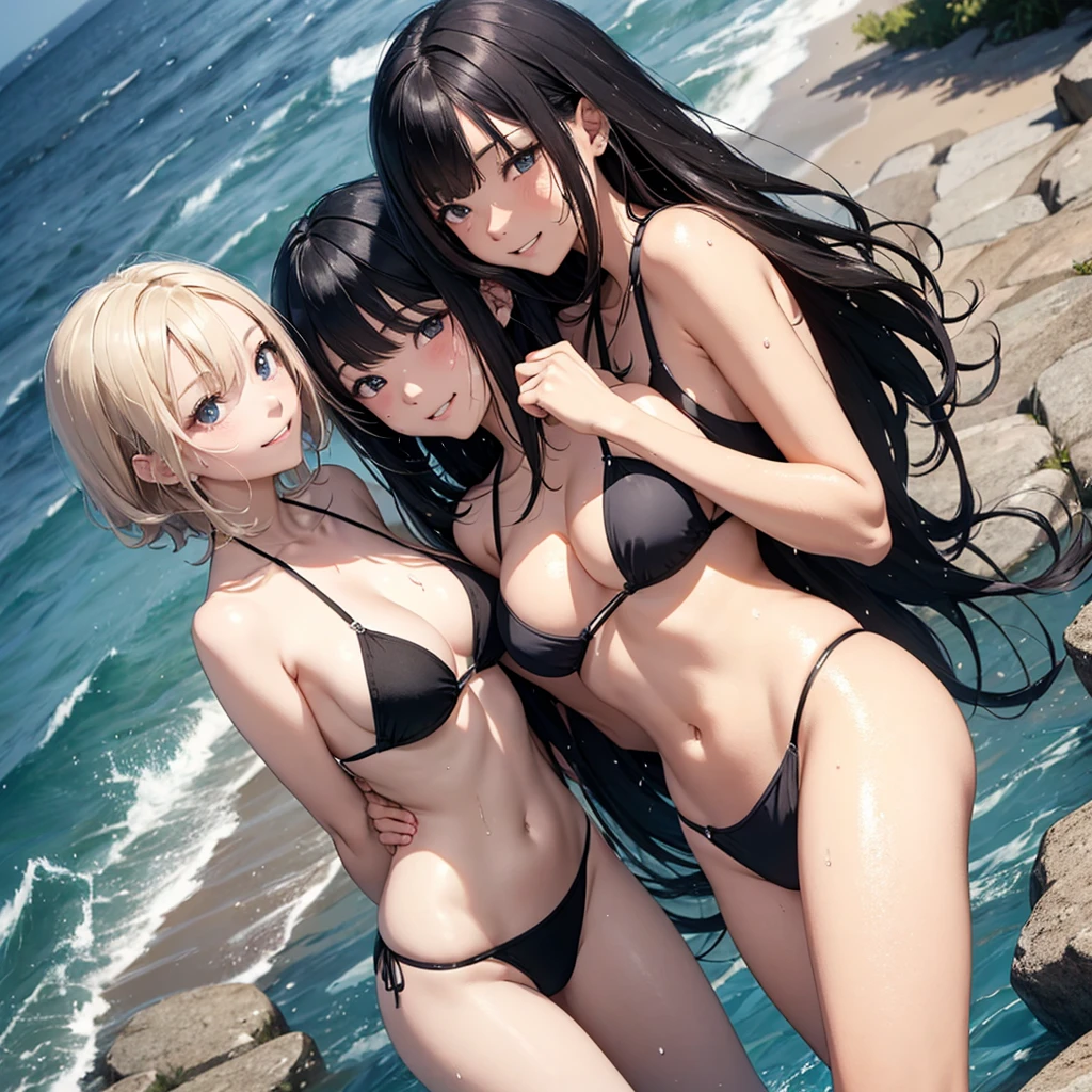 high resolution。High resolution、Low - Angle、masterpiece、Beautiful black-haired girls、cute、Colorful micro bikinis、Girls huddling together、A girl with long hair and a girl with short hair、Dark Eyes、Bright smile、White teeth、Black shiny hair、color々Pause、Wet black hair、Your body is wet、Seaside。sweating、high resolution8K