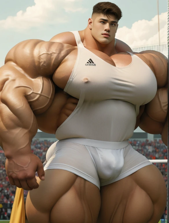 1boy, giant, alone, giant bodybuilder, golden hour, strong body, bulk, large size, hanging on football goals at the field, outdoor, armpit, nude, white triangular underwear, thick bulge, extraordinary big, brutalmass, giant muscular body, bulk, buff, massive body, large meaty body size, extremely wide body