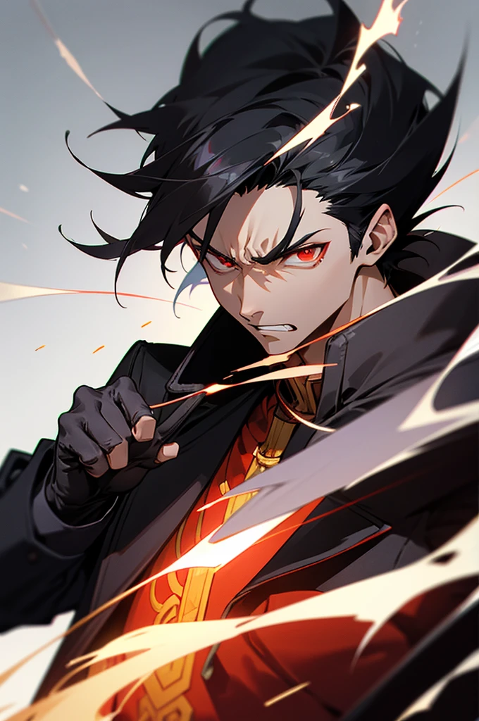 black hair, red eyes, angry , sticking out middle finger, black jacket, mature male, arms in pockets, mencaing aura, lean, muscular, upper body, black gloves, light skin skin tone,