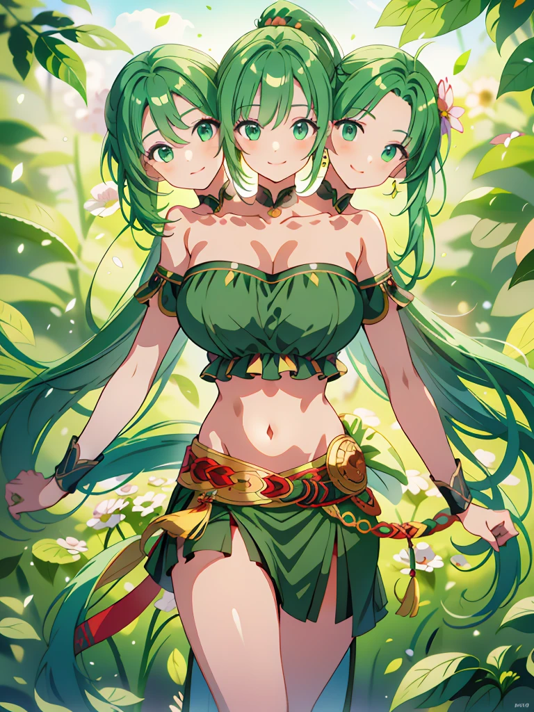 (masterpiece, best quality), best resolution, (3heads:1.5), 1girl, green hair, long flowing hair, smiling, open belly, green crop top, green miniskirt, open breasts, huge tits, beautiful eyes, sexy pose, ponytail, 
