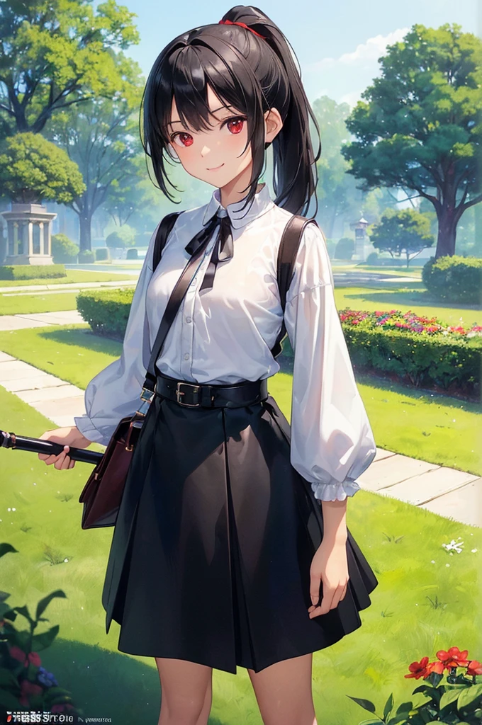 (masterpiece; best quality: 1.2), (finely detailed eyes: 1.3), ((10 year old female ???)), ((solo)), (red eyes: 1.4), (body; short, slender: 1.3), (black hair in ponytail: 1.3), (beautiful and clear background: 1.2), ((depth of field)), (clothes: white wide-sleeve shirt + ankle-long black skirt + traveler pouches and satchel + mage staff: 1.3), (anime illustration: 1.2), (background; garden exterior: 1.1), (extremely fine and handsome: 1.1), (shot composition; standing + centered on torso + close-up: 1.5), (expression; calm, smile: 1.2)