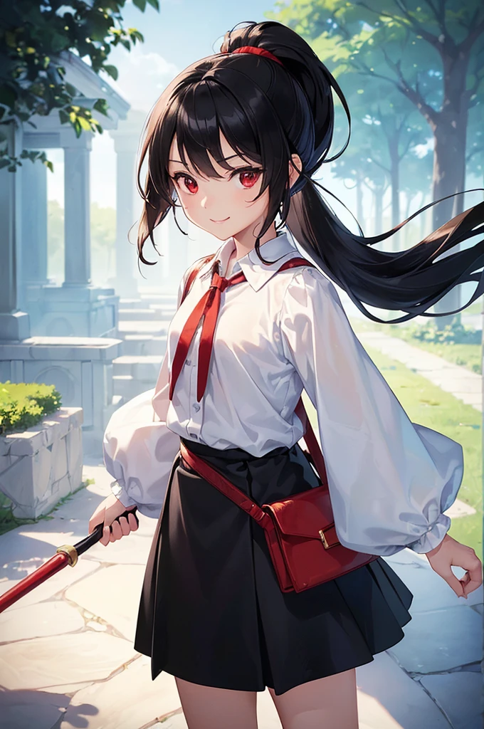 (masterpiece; best quality: 1.2), (finely detailed eyes: 1.3), ((10 year old female kid)), ((solo)), (red eyes: 1.4), (body; short, slender: 1.3), (black hair in ponytail: 1.3), (beautiful and clear background: 1.2), ((depth of field)), (clothes: white wide-sleeve shirt + ankle-long black skirt + traveler pouches and satchel + mage staff: 1.3), (anime illustration: 1.2), (background; garden exterior: 1.1), (extremely fine and handsome: 1.1), (shot composition; standing + centered on torso + close-up: 1.5), (expression; calm, smile: 1.2)