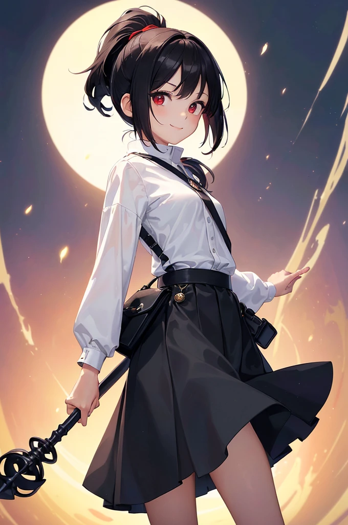 (masterpiece; best quality: 1.2), (finely detailed eyes: 1.3), ((10 year old female )), ((solo)), (red eyes: 1.4), (body; short, slender: 1.3), (black hair in ponytail: 1.3), (beautiful and clear background: 1.2), ((depth of field)), (clothes: white wide-sleeve shirt + ankle-long black skirt + traveler pouches and satchel + mage staff: 1.3), (anime illustration: 1.2), (background; garden exterior: 1.1), (extremely fine and handsome: 1.1), (shot composition; standing + centered on torso + close-up: 1.5), (expression; calm, smile: 1.2)