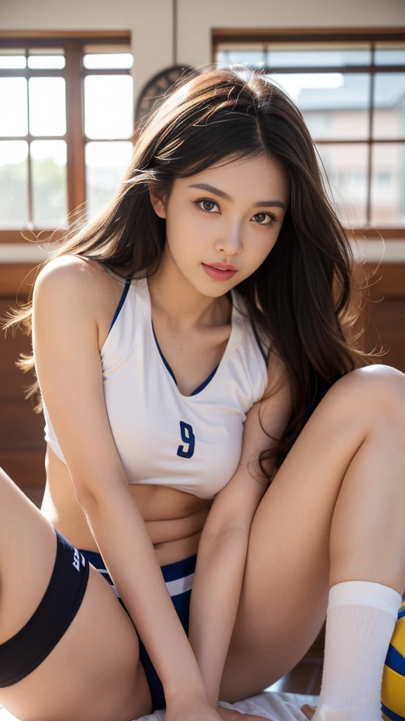 1 woman、(very beautiful)、(beautiful face:1.5)、woman playing volleyball、(The moment you receive it)、with legs spread、(camel toe)、You can tell by looking at the shape of the nipples.、volleyball uniform、high leg panties、brown hair、(in high school)、(dressing:1.5)、(In SFW:1.5)