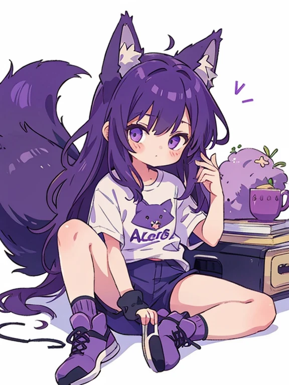 Cute, young, flat chest, , shorts, wolf ears, fluffy tail, dark purple hair, dark purple tail, wearing vr headset