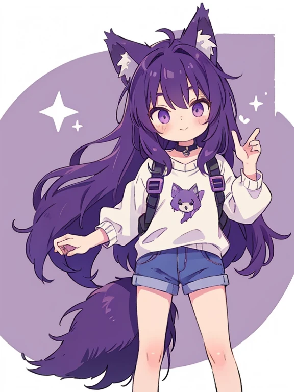 Cute, young, flat chest, , shorts, wolf ears, fluffy tail, dark purple hair, dark purple tail, wearing vr headset