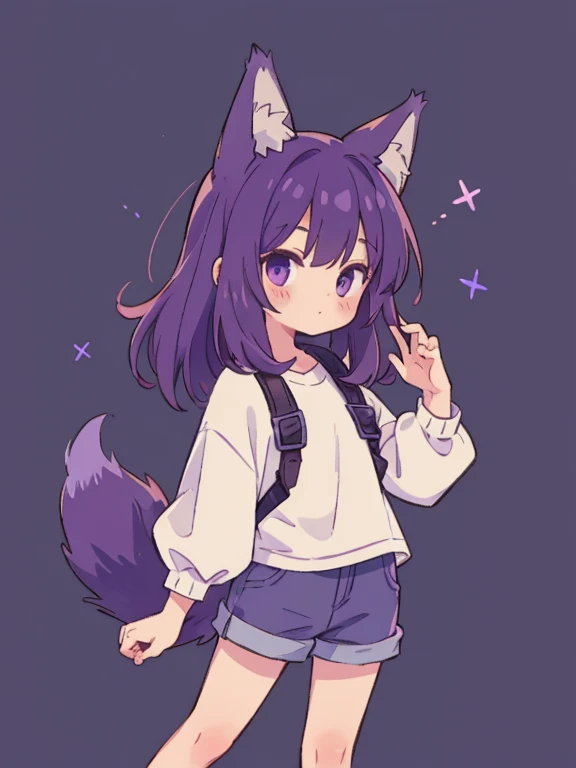 Cute, young, flat chest, , shorts, wolf ears, fluffy tail, dark purple hair, dark purple tail, wearing vr headset