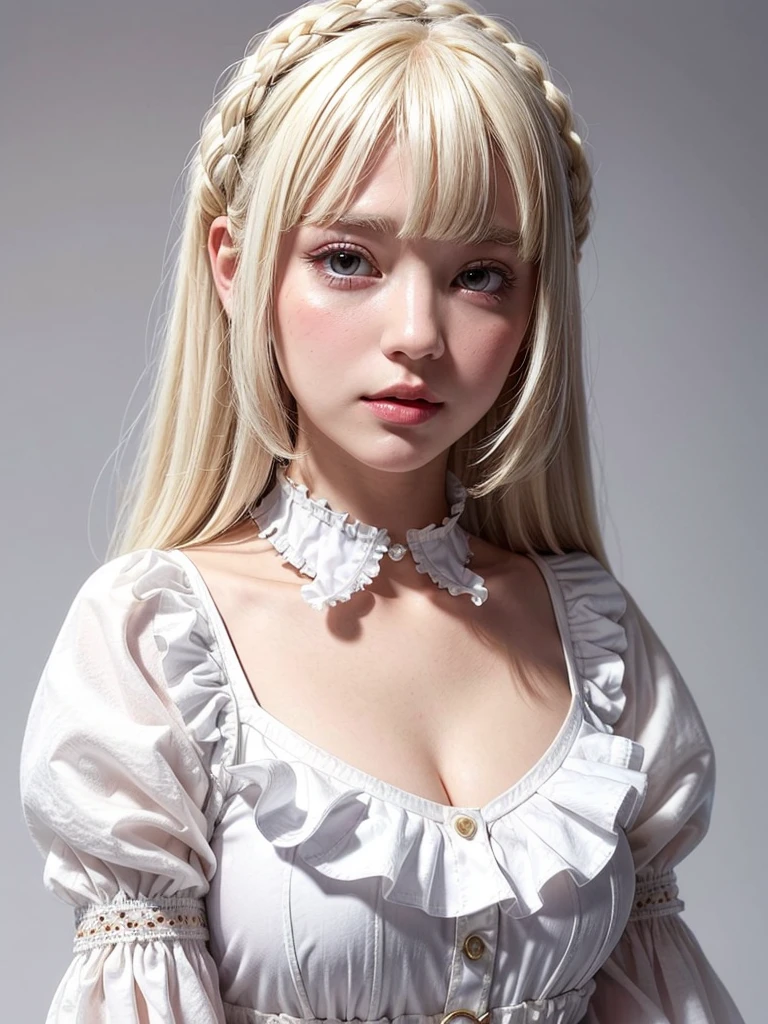 (((amount、White blonde Hair、Northern Europe、White people、beautiful girl、blonde、White Background、Blouse with collar and sleeves、Frills、Race)))、Tabletop, Highest quality, shape, Very detailed, finely, High resolution, 8k wallpaper, Perfect dynamic composition, finelyて美しい目, Deco Out,blonde, Medium Hair, Small breasts, Natural color lip,White Background, Random cute poses,Frillsドレス