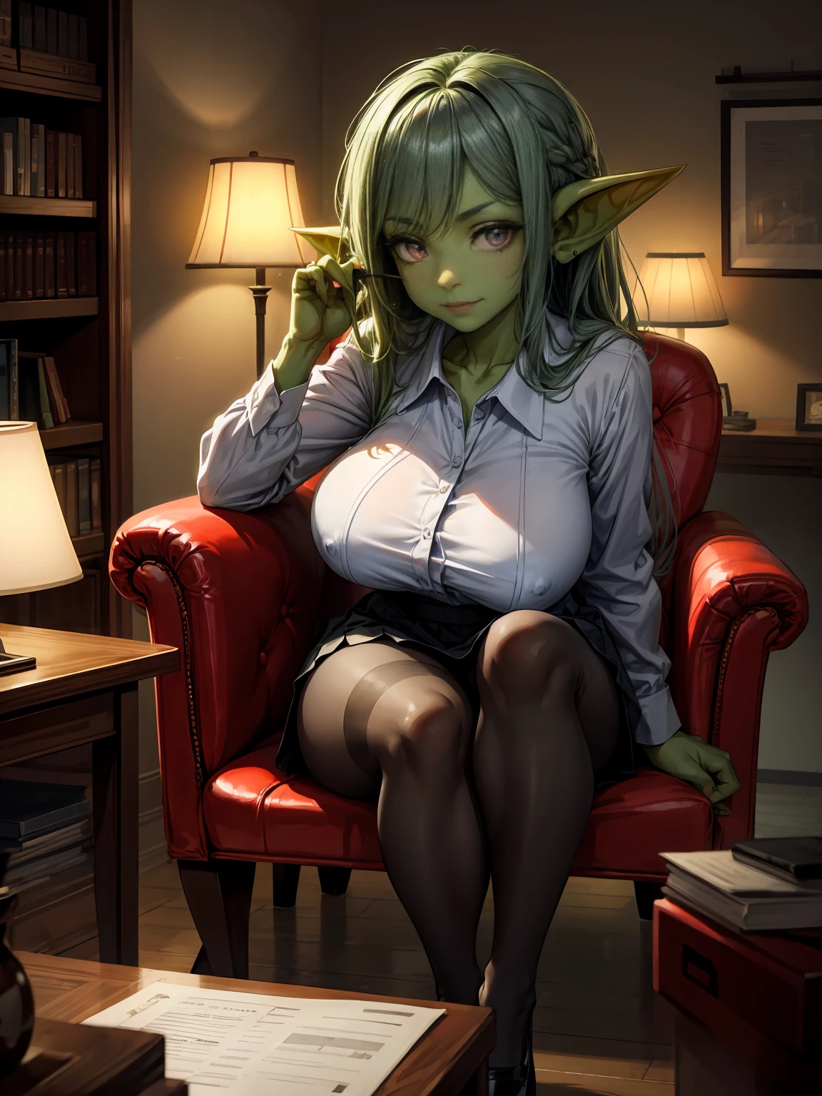 masterpiece, absurdres, 4k, (green skin), small pointy ears, portrait goblin woman psychiatrist, wearing blouse and skirt, sitting in large red armchair, medium breasts, in a small white office, diplomas on the wall, sly smile, long silver hair, holding pad of paper and pen, silk pantyhose, volumetric lighting, grey eyes, office setting, ambient lighting, dimly lit, sexy lighting, psychiatrist office,