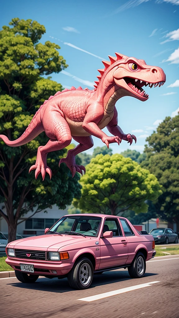 Pink Dinosaur、Jump over a car