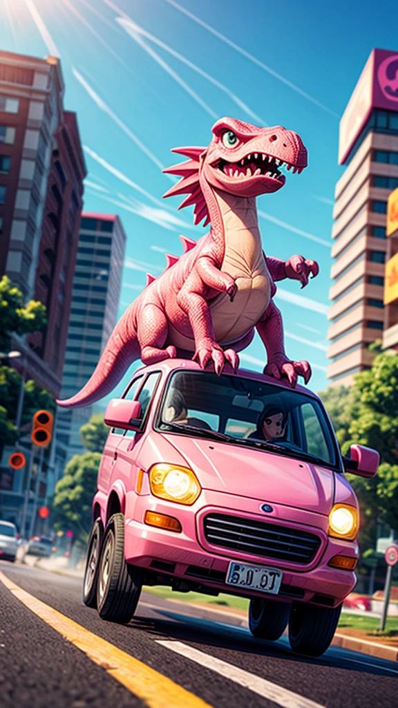 Pink Dinosaur、Jump over a car