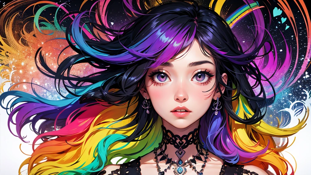 One girl,(Rainbow colors_hair:1.1),(zenTangle, Mandala, Tangle, enTangle:0.6),(Fractal Art),The most beautiful form of chaos,Brutalist Design,Rainbow colorsのタトゥー