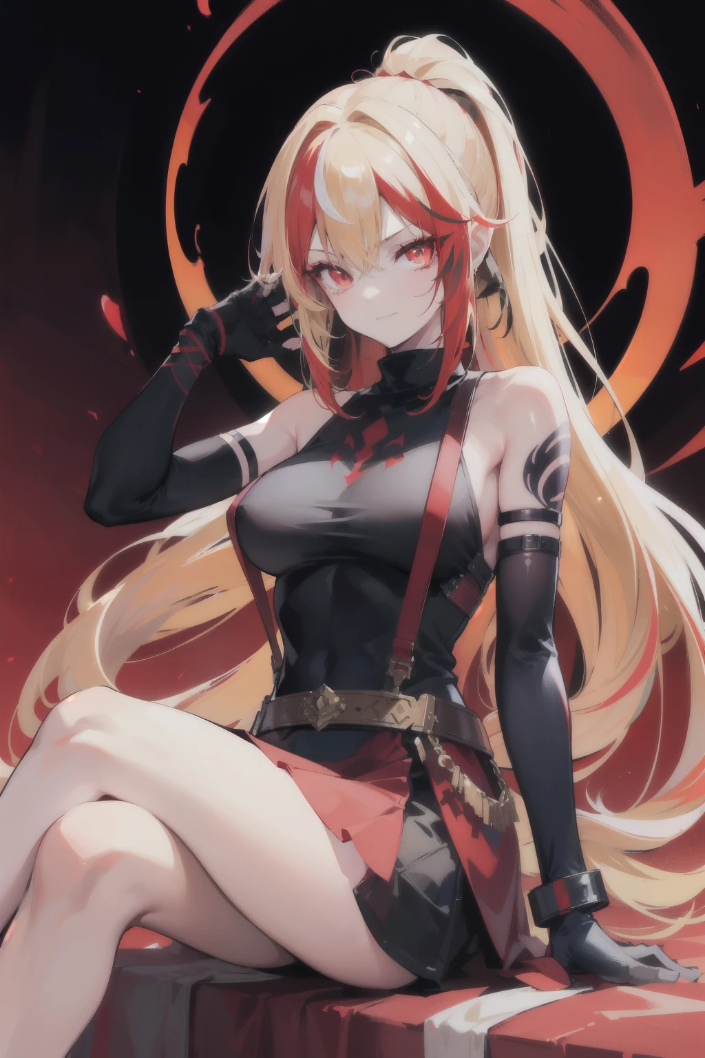 she is back, insane smile,(masterpiece, best quality:1.2)blonde, , red glowing eyes, red eyes, the eyes are red, perfect face, strong make up, sherp eyes, highres, 1 girl, ultra long ponytail, (female:1.5),red longskirt, strife, blonde and red hair streaked with lots of red highlights, two colors hair (blond and red), hight flame mistress outfit, shoulder armor, sleeveless turtleneck, suspenders, belt, gloves, bracer pre potent smile, crossing legs, crossing arms , evil smile, evil pose, sitting, portrait, looking at viewer,  Her hair is streaked with lots red and blonde highlights, moon tribal tattoo.
