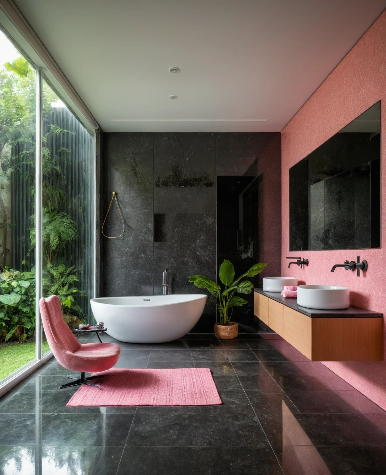 Raw photo,Masterpiece, high quality, best quality, authentic, super detail, interior, bathroom style modern, sunset, day light, window , overlooking tropical garden, ((black and pink tones)), bathtub, faucet, shower, lavatory, glass wall, bottles, mirror, lavabo, cabinet, wall tiles mosaic, carpet, armchair and table tea, towel