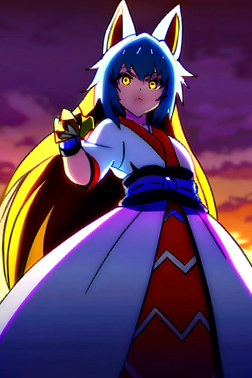 fox Light blue hair beast girl indigo fur fox beast girl Sesshomaru, Yellow eyes, Anime, Perfect face, Perfect Lighting, Outdoors, Warm colors, Dark purple sky, Autumn sunset, \(inuyasha\), Bearing Claw, Ready to fight