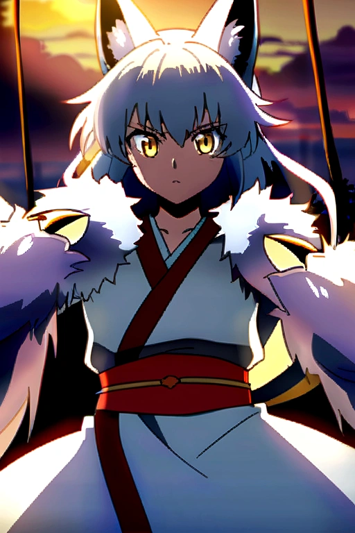 fox Light blue hair 　beast girl　indigo fur　fox beast girl　Sesshomaru, Yellow eyes, Anime, Perfect face, Perfect Lighting, Outdoors, Warm colors, Dark purple sky, Autumn sunset,  \(inuyasha\), Bearing Claw, Ready to fight