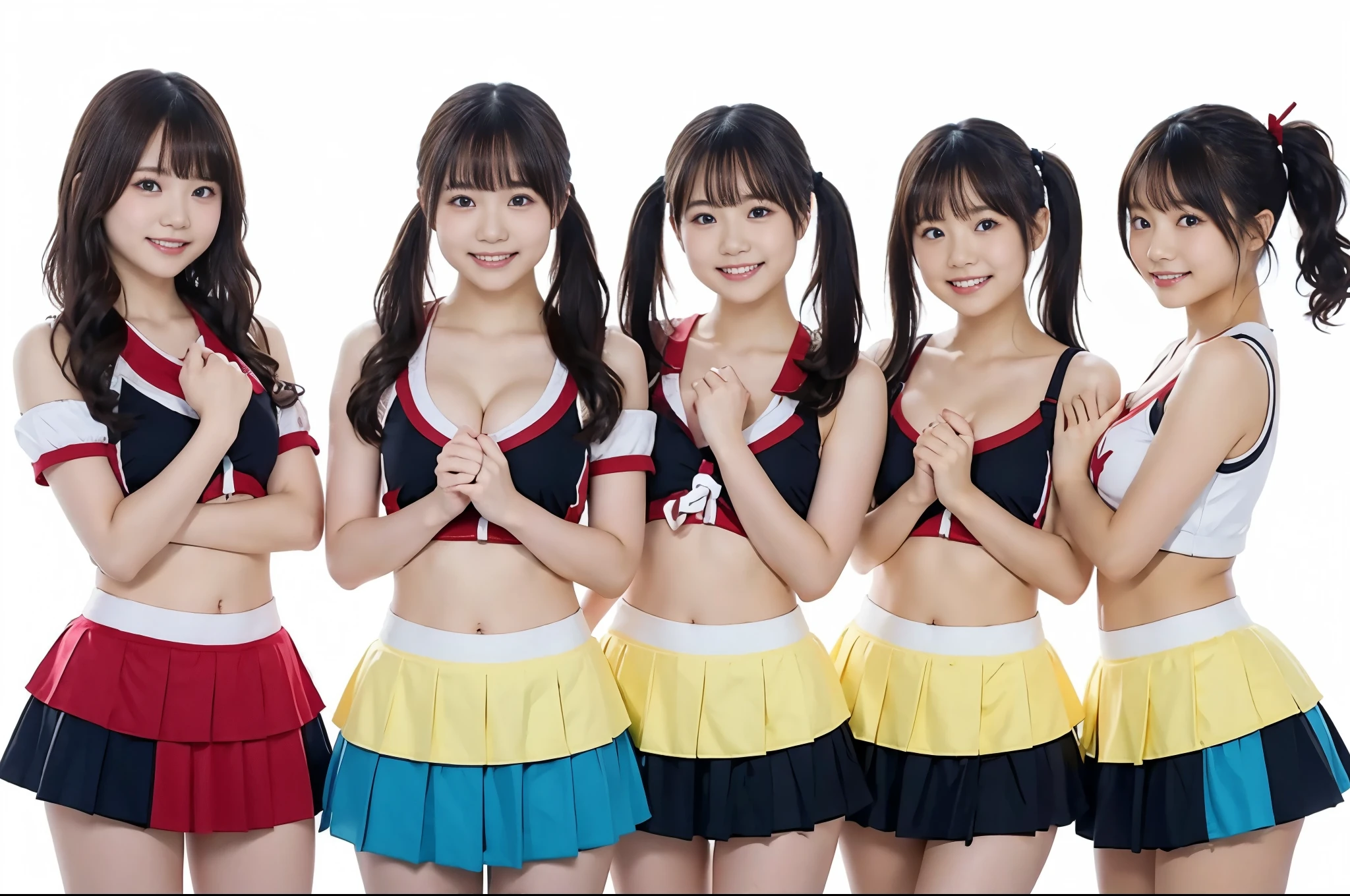 White Background、Cheerleader、Colorful costumes、(Three Girls)、whole body、View your viewers、17-year-old girl、Twin tails、ponytail、short hair、(Put your arms behind your back)、Cross your arms behind your back、C cup breasts、Cleavage、Groin washing、Spread your legs、(Wind power increase)、loose socks