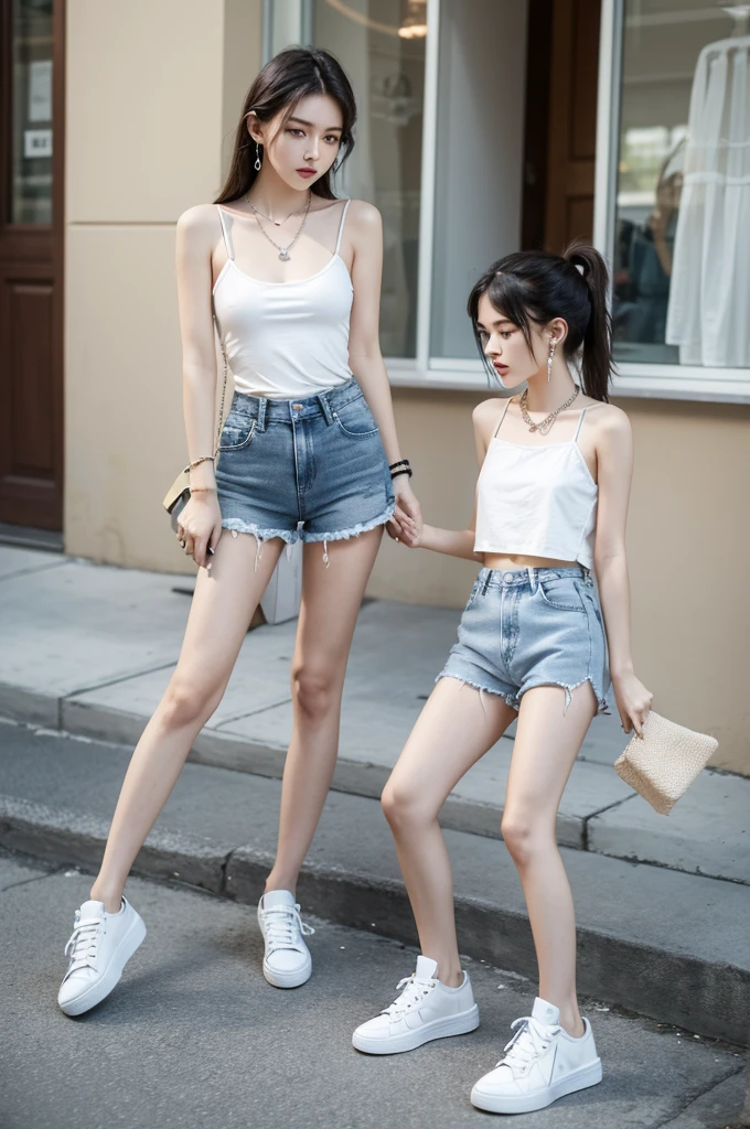 Casual Street Style:Choose a simple solid color camisole,Wear with high waisted denim shorts or ripped jeans,Add a pair of sneakers or canvas shoes。You can wear some simple accessories,Such as thin chain necklace or small earrings,Increase fashion sense。