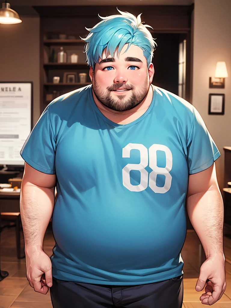A fat adult man with light blue hair and light blue eyes