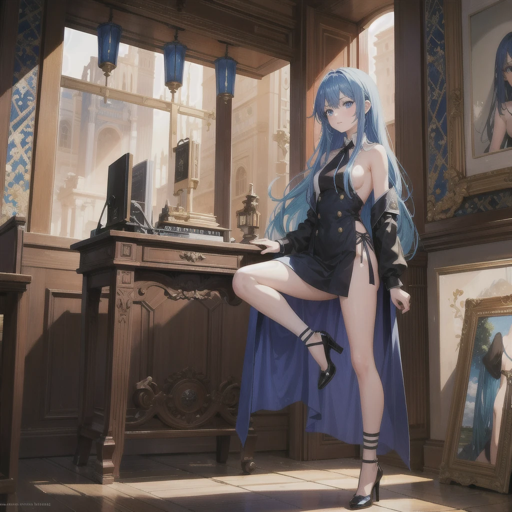 masterpiece, Highest quality:1.2), One girl, alone, 20-year-old, Long sword, Long Hair, Blue Hair,Blue Eyes, Completely naked, High heels, Black knee-high socks, whole body,Ancient City,Female organ,
