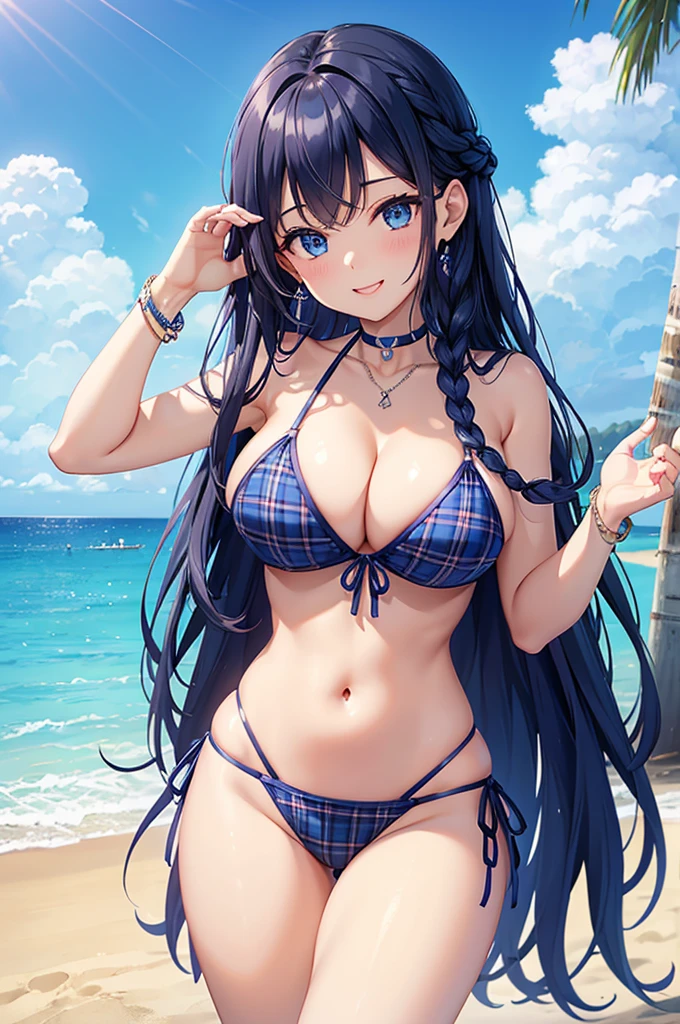 Highest quality、Highest quality、masterpiece、(8K),beauty(Age 25)、Navy blue long hair(Braiding of sides)、blue eyes、Sexy Bikini(Plaid)、Big cleavage、(Big Breasts)、smile、blue necklace、Blue Earrings、background(Beach)、Please open your mouth wide、bracelet、Chest puffing pose、Blue choker