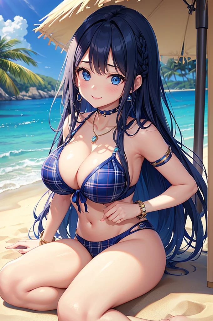 Highest quality、Highest quality、masterpiece、(8K),beauty(Age 25)、Navy blue long hair(Braiding of sides)、blue eyes、Sexy Bikini(Plaid)、Big cleavage、(Big Breasts)、smile、blue necklace、Blue Earrings、background(Beach)、Please open your mouth wide、bracelet、Chest puffing pose、Blue choker