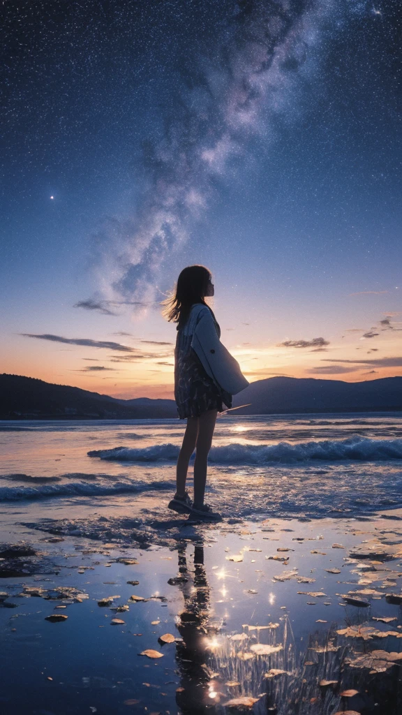 Linoleum print of a teenager reflected in water under a starry sky,meteor,Lively,colorful,texture,pattern