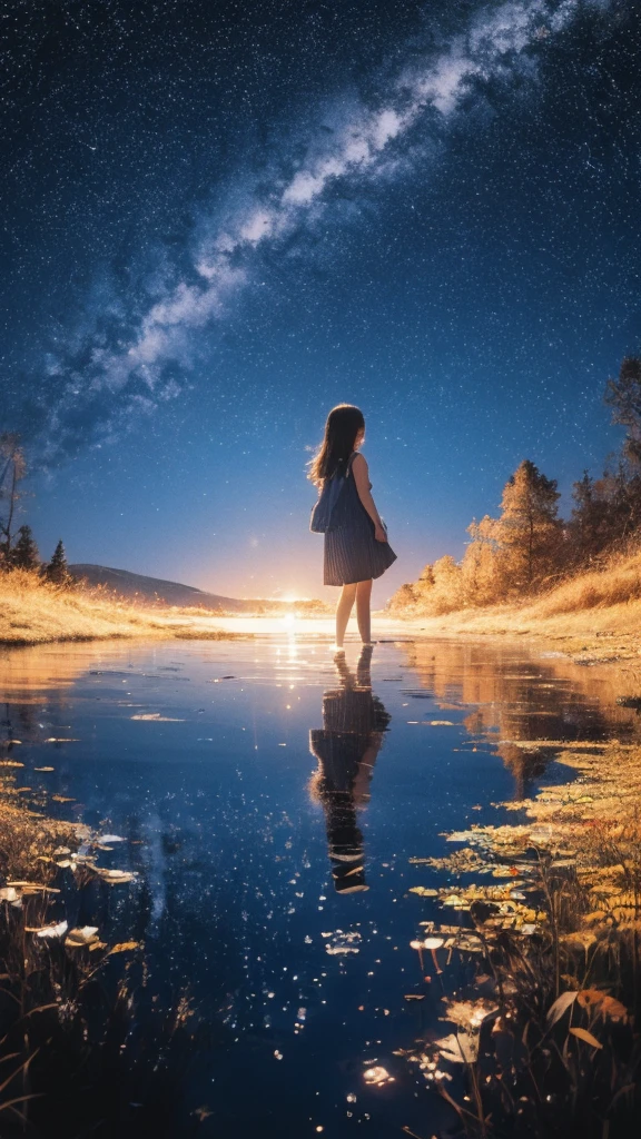 Linoleum print of a teenager reflected in water under a starry sky,meteor,Lively,colorful,texture,pattern