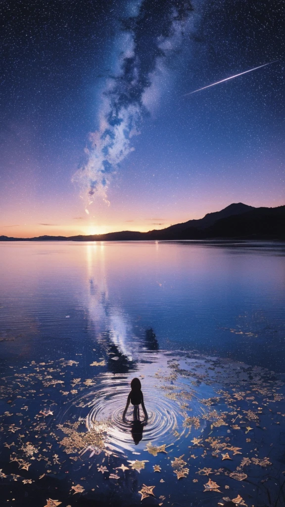 Linoleum print of a teenager reflected in water under a starry sky，meteor，Lively，colorful，texture，pattern