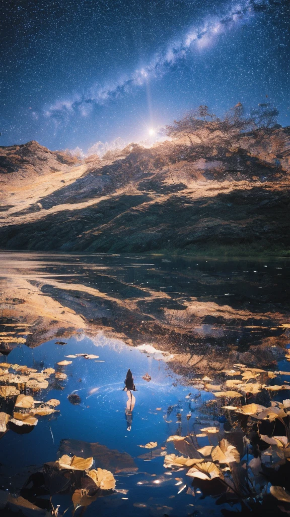 Linoleum print of a teenager reflected in water under a starry sky，meteor，Lively，colorful，texture，pattern