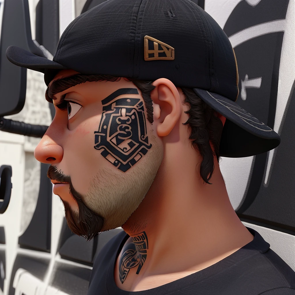 he has a beard, he has a cap, a tattoo on his face