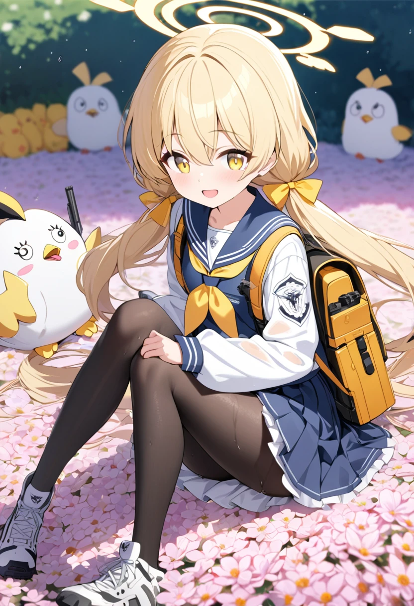 1 girl, masterpiece, best quality, Amazing, beautiful detailed eyes, finely detailed, depth of field, extremely detailed CG unity 8k wallpaper, full body, Ajitani Hifumi (Blue Archive), sitting, , sailor collar, smile, blonde hair, twintails, long hair, low twintails, hair bow, tied, yellow ribbon, long sleeves, blue skirt, pleated skirt, frilled skirt, frills, black pantyhose, sideblocks, hair between eyes, yellow eyes, open mouth, flower field, wet clothes, peroro mascot backpack,  Hifumi's halo consists of a yellow outer ring with a wing on either side and a plain inner ring, She uses a two-tone Enfield L85A2 assault rifle with a pink handguard, buttstock, and pistol grip. The receiver is painted white. It is equipped with a pink ELCAN SpecterDR sights and a black Magpul PMAG. The school's name is imprinted on the handguard.

