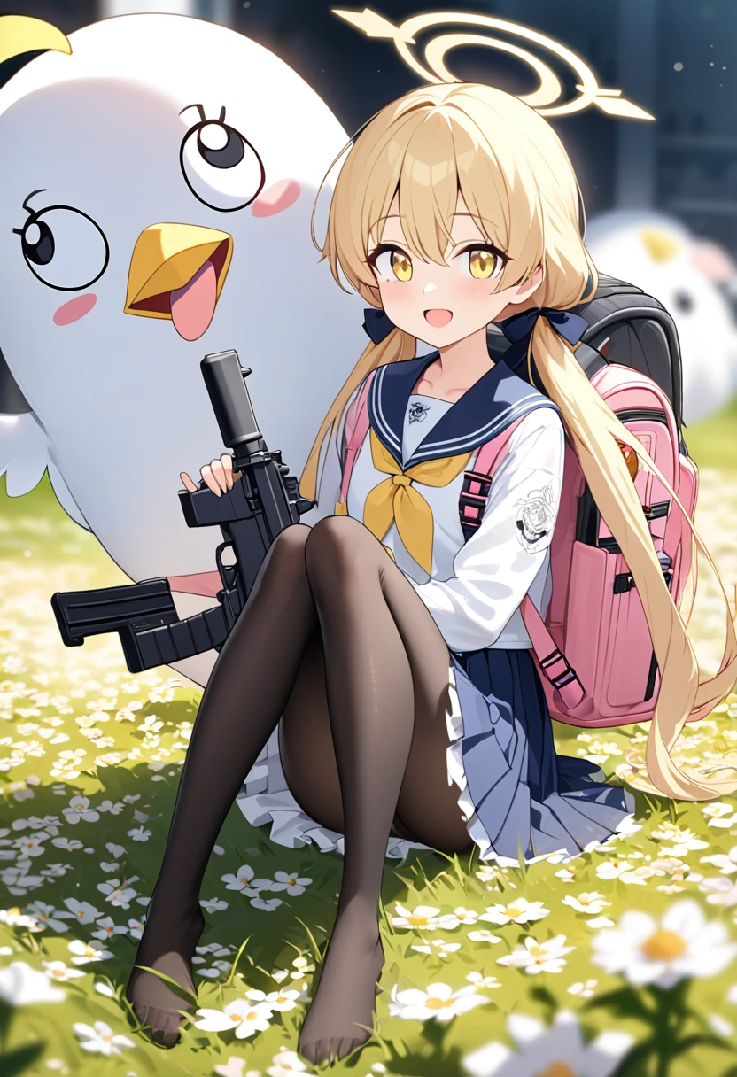 1 girl, masterpiece, best quality, Amazing, beautiful detailed eyes, finely detailed, depth of field, extremely detailed CG unity 8k wallpaper, full body, Ajitani Hifumi (Blue Archive), sitting, , sailor collar, smile, blonde hair, twintails, long hair, low twintails, hair bow, tied, yellow ribbon, long sleeves, blue skirt, pleated skirt, frilled skirt, frills, black pantyhose, sideblocks, hair between eyes, yellow eyes, open mouth, flower field, wet clothes, peroro mascot backpack, Hifumi's halo consists of a yellow outer ring with a wing on either side and a plain inner ring, She uses a two-tone Enfield L85A2 assault rifle with a pink handguard, buttstock, and pistol grip. The receiver is painted white. It is equipped with a pink ELCAN SpecterDR sights and a black Magpul PMAG. The school's name is imprinted on the handguard.