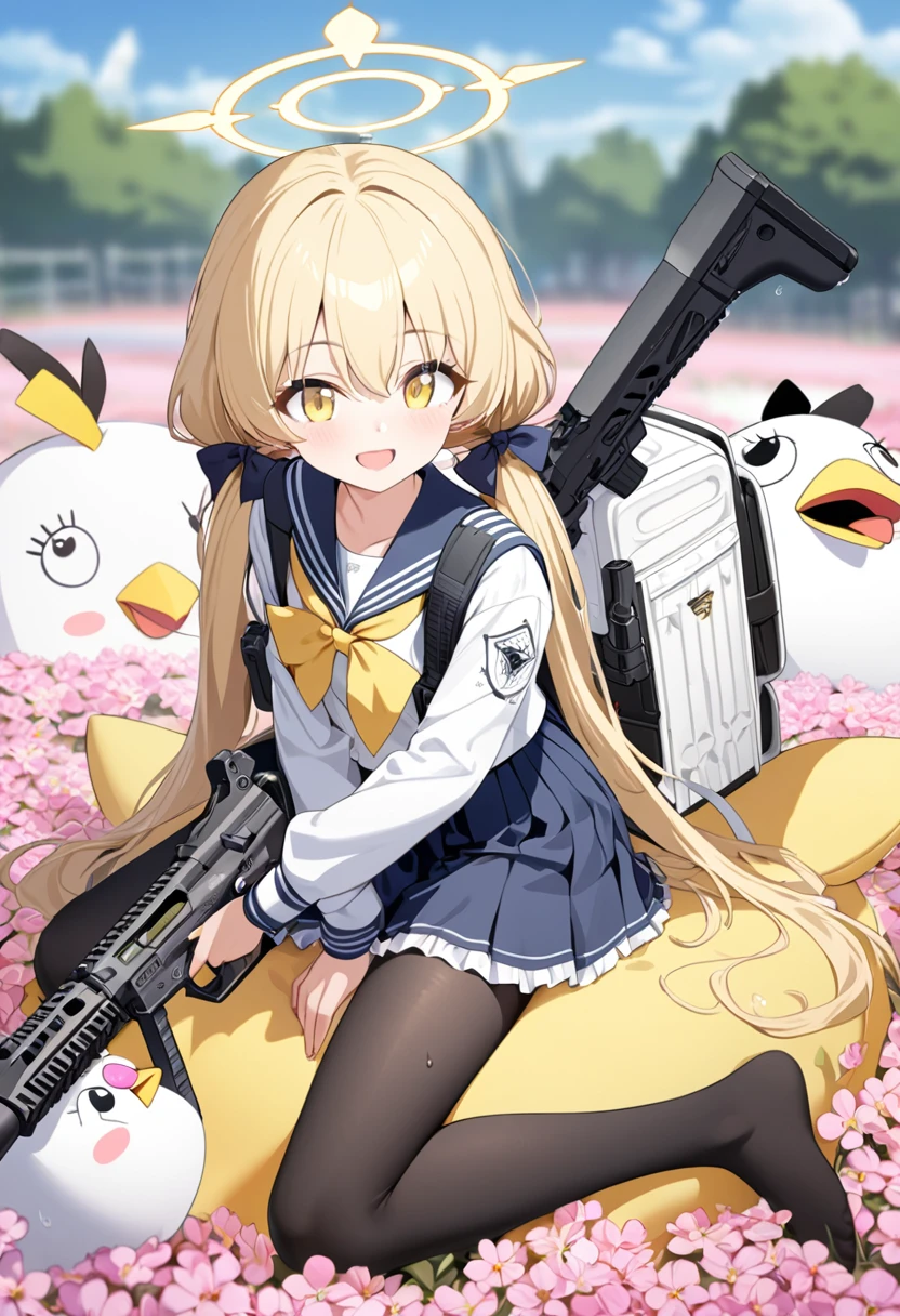 1 girl, masterpiece, best quality, Amazing, beautiful detailed eyes, finely detailed, depth of field, extremely detailed CG unity 8k wallpaper, full body, Ajitani Hifumi (Blue Archive), sitting, , sailor collar, smile, blonde hair, twintails, long hair, low twintails, hair bow, tied, yellow ribbon, long sleeves, blue skirt, pleated skirt, frilled skirt, frills, black pantyhose, sideblocks, hair between eyes, yellow eyes, open mouth, flower field, wet clothes, peroro mascot backpack, Hifumi's halo consists of a yellow outer ring with a wing on either side and a plain inner ring, She uses a two-tone Enfield L85A2 assault rifle with a pink handguard, buttstock, and pistol grip. The receiver is painted white. It is equipped with a pink ELCAN SpecterDR sights and a black Magpul PMAG. The school's name is imprinted on the handguard.