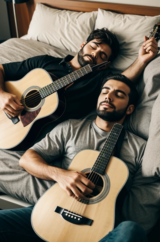A man sleeping with the acoustic guitar
