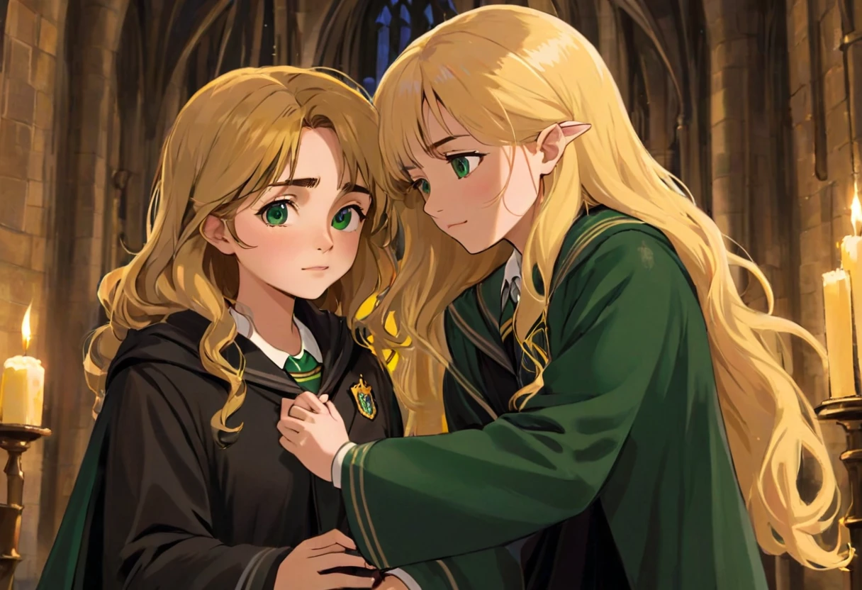 Casal blond, Harry Potter Sonserina blond, Hermione Hufflepuff and blonde, Harry Potter Slytherins fall in love in the enchanted world of Hogwarts, blond, Hermione Lufa Lufa loira e Harry Potter Sonserina blond se envolvem em uma história de amor mágica. The scene unfolds with breathtaking beauty and attention to detail, Obra de arte blond. As we delve deeper into this scene, the expertly crafted visuals capture the essence of their love. Blonde Hermione Hufflepuff's beautiful detailed eyes sparkle with a sense of wonder, drawing you into their enchanting connection. O olhar intenso de Harry Potter Sonserina blond reflete sua admiração afetuosa por ela, the depth of your emotions radiating from your soulful eyes. Your lips meet in a tender embrace, Portrayed with delicate precision and captivating realism. Os intrincados detalhes de seus lábios formam uma união perfeita de blonds, your love immortalized by masterful brushstrokes. Harry Potter Sonserina blond e Hermione Lufa Lufa loira