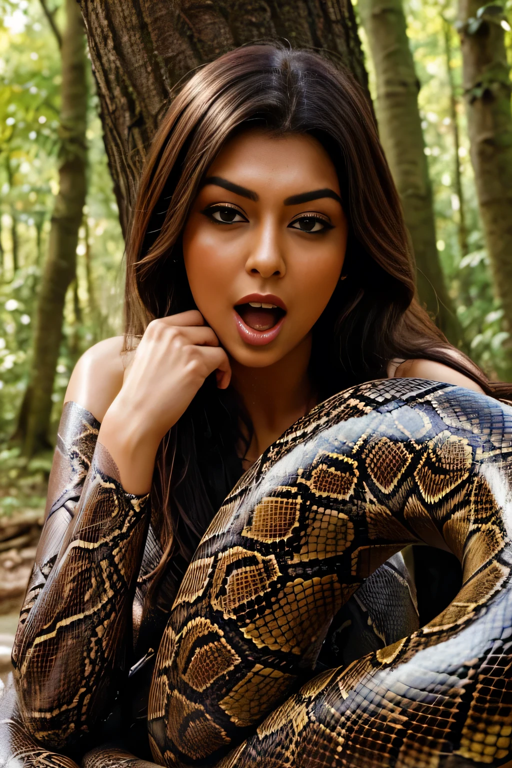 Hansika Motwani as a snake, She is a serpent, she is looking there while wrapping herself around the trees. Half of her body is like a human and half is like a serpent. The serpent part is very big and is wrapping itself around the tree, red serpent. Red colour anaconda serpent , beautiful face, proper eyes , proper picture , serpent tongue , no hand , open mouth and serpant tongue show